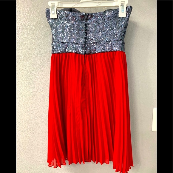 Red & silver strapless sequin pleated mini dress. - Picture 3 of 3